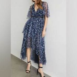 BCBGMAXAZRIA women’s KALEIDOSCOPE navy JEWELS LACE HI-LOW MAXI DRESS size 8